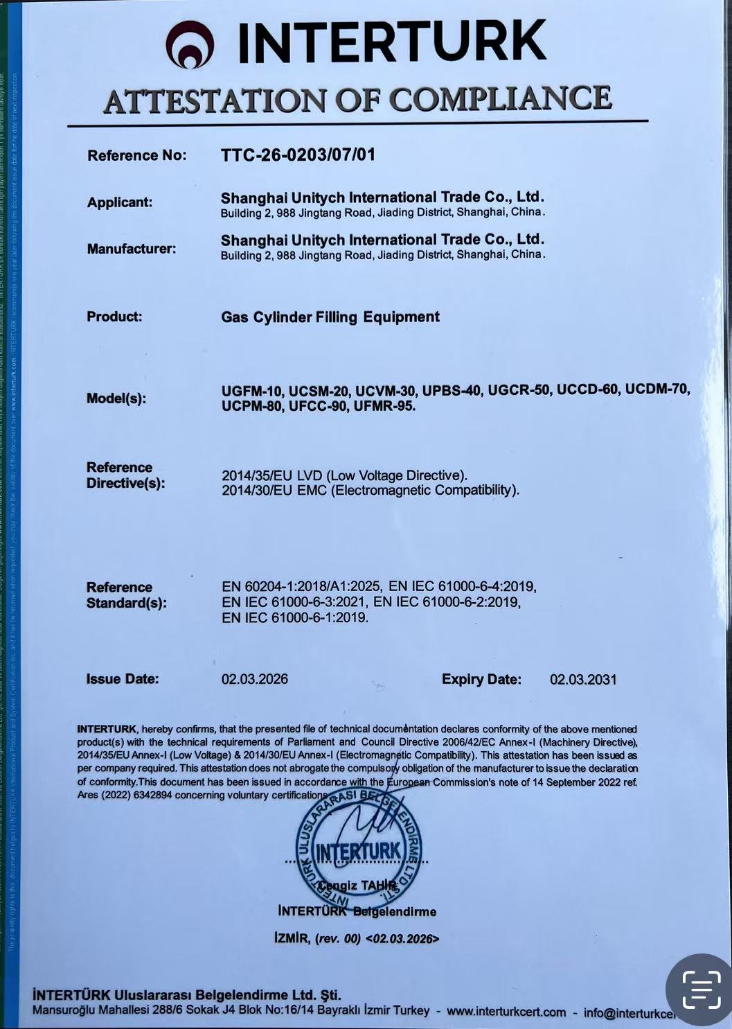 Intertek gas cylinder filling equipment attestation