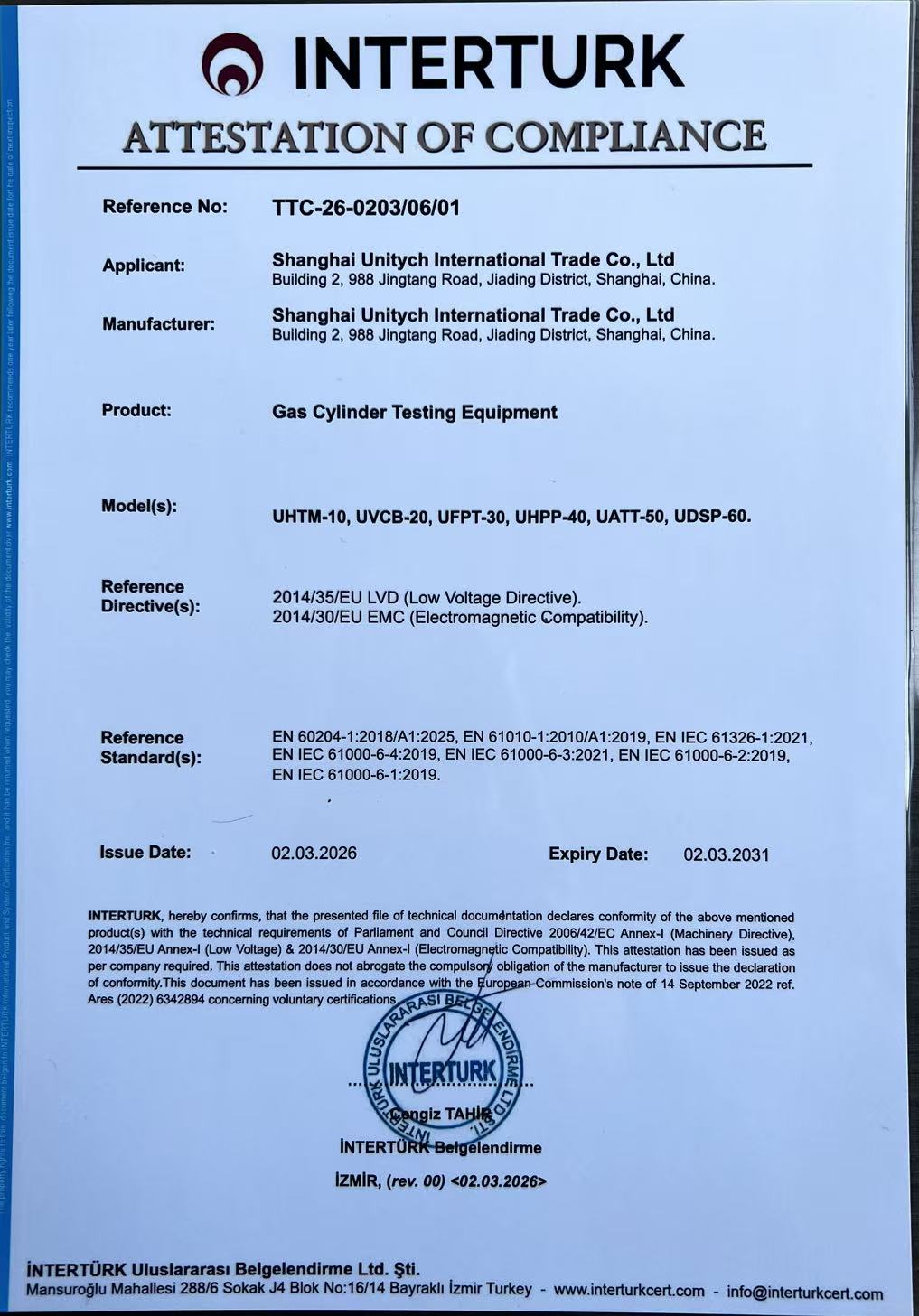 Intertek attestation of compliance for gas cylinder testing equipment